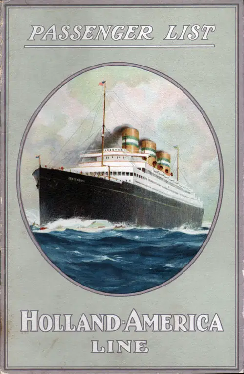 Front Cover of a Cabin Passenger List for the SS Rotterdam of the Holland-America Line, Departing 17 October 1922 from Rotterdam to New York via Boulogne-sur-Mer and Plymouth