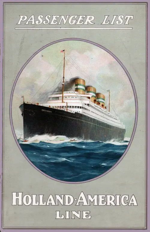 Front Cover of a Cabin Passenger List for the SS Rotterdam of the Holland-America Line, Departing Tuesday, 15 April 1924 from Rotterdam to Halifax and New York