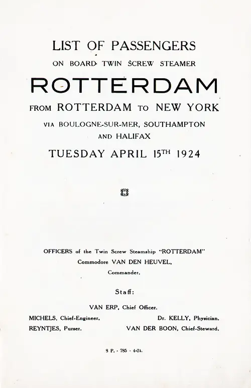 Title Page and List of Senior Officers and Staff, SS Rotterdam Cabin Passenger List, 15 April 1924.
