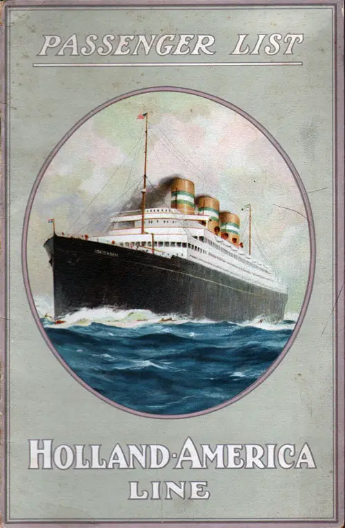 Front Cover of a Cabin Passenger List from the SS Rotterdam of the Holland-America Line, Departing Wednesday, 2 September 1925 From Rotterdam to New York via Boulogne-sur-Mer and Southampton