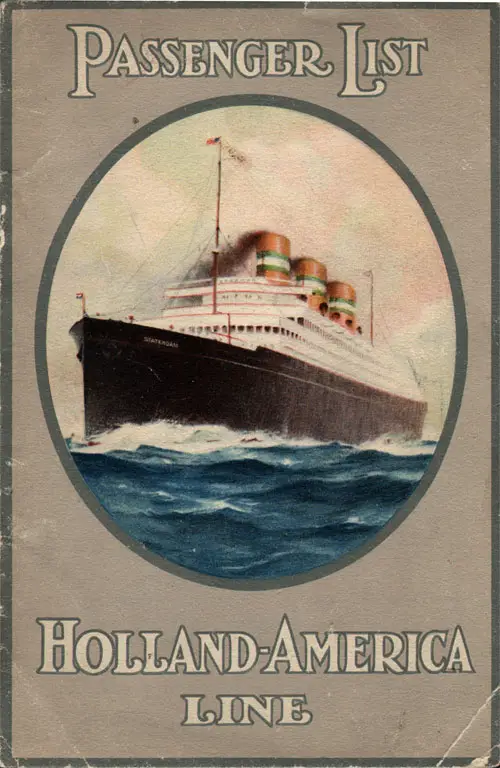 Front Cover of a Cabin Passenger List for the SS Rotterdam of the Holland-America Line, Departing Tuesday, 20 July 1926 from Rotterdam to New York via Boulogne-sur-Mer and Southampton