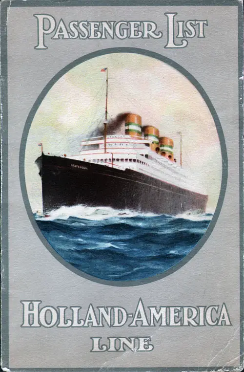 Front Cover of a Cabin Passenger List from the SS Rotterdam of the Holland-America Line, Sailing 25 August 1926 From Rotterdam to New York via Boulogne-sur-Mer and Southampton