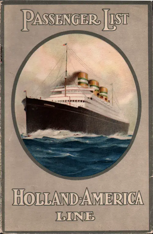 Front Cover of a Cabin Passenger List for the SS Rotterdam of the Holland-America Line, Departing Wednesday, 11 September 1929 from Rotterdam to New York via Boulogne-sur-Mer and Southampton