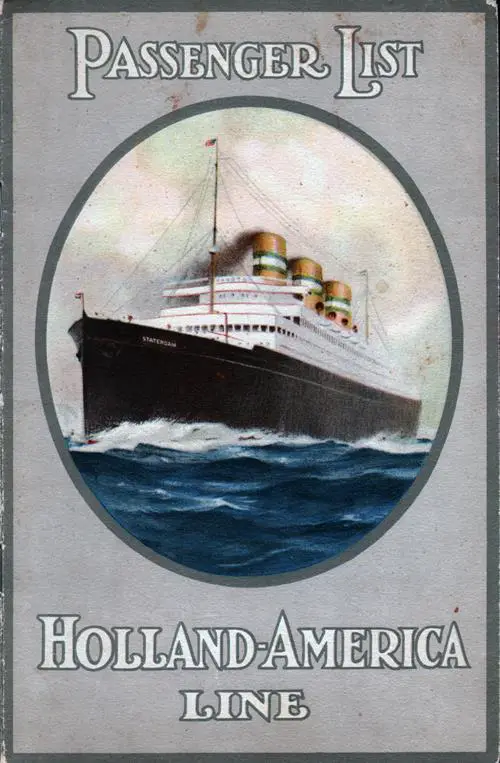 Front Cover of a First Cabin Passenger List for the SS Rotterdam of the Holland-America Line, departing 9 August 1930 from Rotterdam to New York via Boulogne-sur-Mer and Southampton