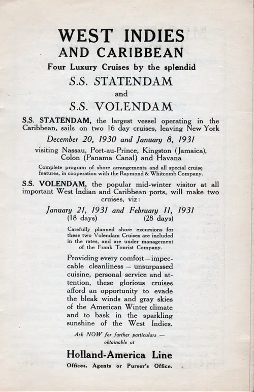 Advertisement: West Indies and Caribbean. Four Luxury Cruises by the Splendid SS Statendam and the SS Volendam.