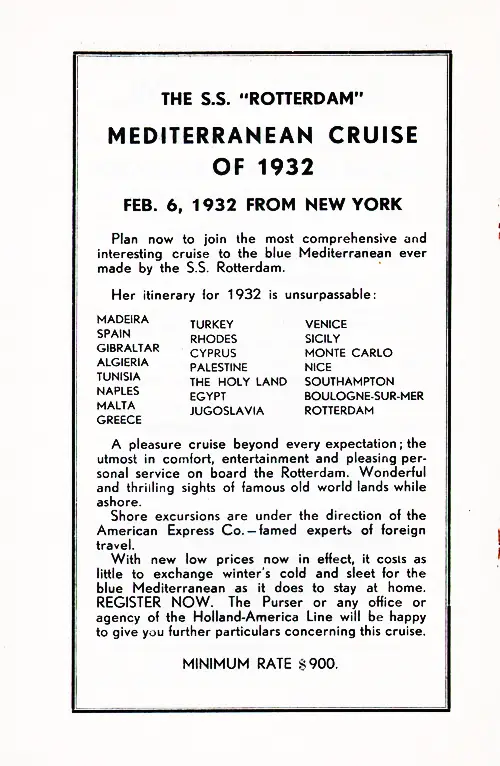 Advertisement: The SS Rotterdam Mediterranean Cruise of 1932, Departing from New York on 6 February 1932.