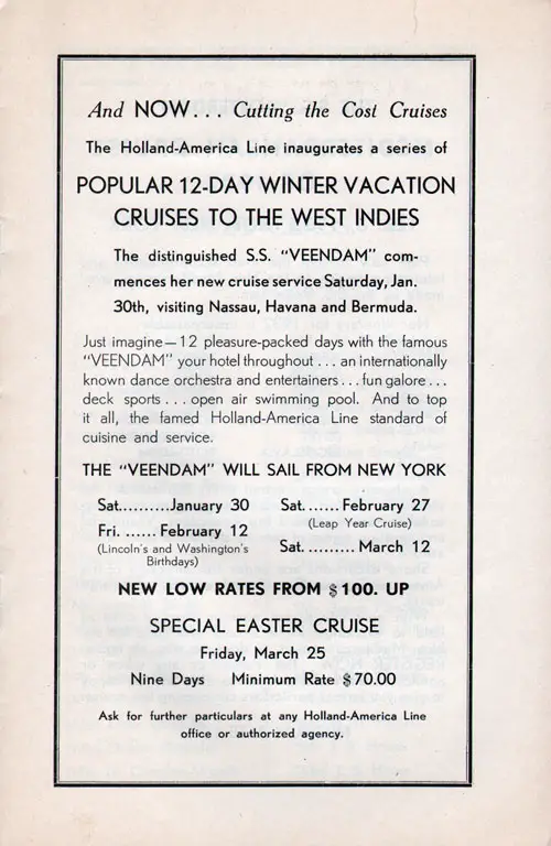 Advertisement: Popular 12-Day Winter Vacation Cruises to the West Indies in the Distinguished SS Veendam.