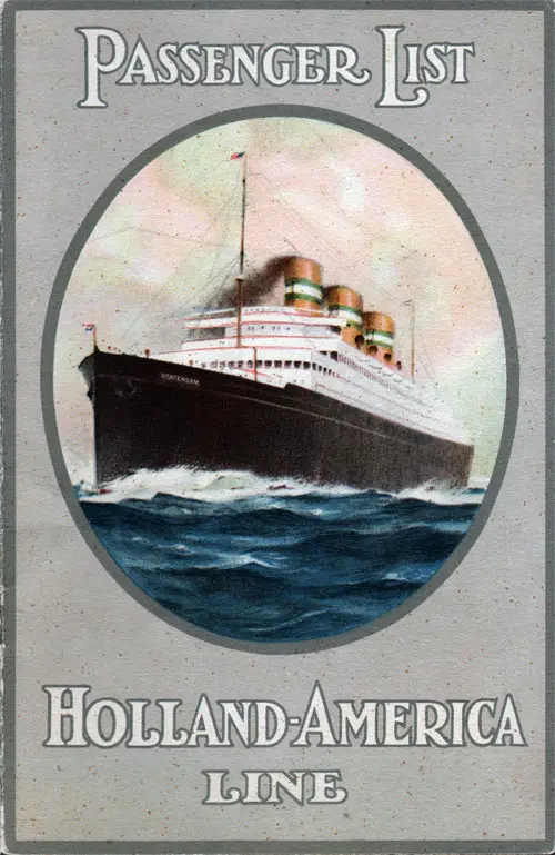 Front Cover of a First Class Passenger List for the SS Rotterdam of the Holland-America Line, Departing Saturday, 2 September 1933 from Rotterdam to New York via Boulogne-sur-Mer and Southampton