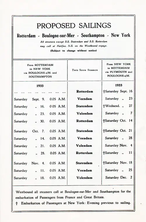 Proposed Sailings, Rotterdam-Boulogne sur Mer-Southampton-New York, from 9 September 1933 to 2 December 1933.