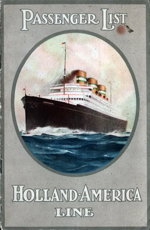 Front Cover of a First Class Passenger List for the SS Rotterdam of the Holland-America Line, Departing 26 May 1934 from Rotterdam to New York via Boulogne-sur-Mer and Southampton