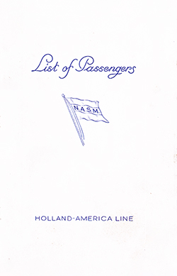 Passenger Manifest Cover, August 1937 Westbound Voyage - TSS Rotterdam 