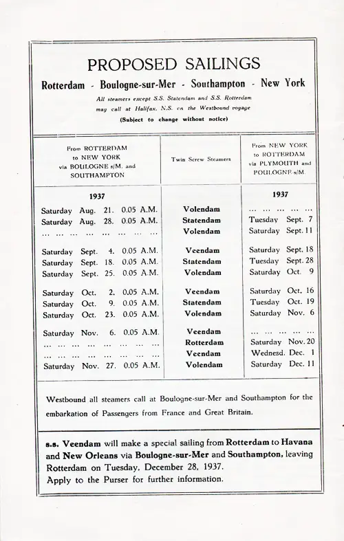 Proposed Sailings, Rotterdam-Boulogne sur Mer-Southampton-New York, from 21 August 1937 to 11 December 1937.