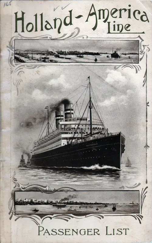 Front Cover of a Cabin Passenger List for the SS Ryndam of the Holland-America Line, Departing 17 December 1910 from Rotterdam to New York via Boulogne-sur-Mer