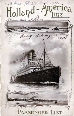 Passenger Manifest, SS Ryndam, Holland-America Line, May 1911, Rotterdam to New York - Front Cover