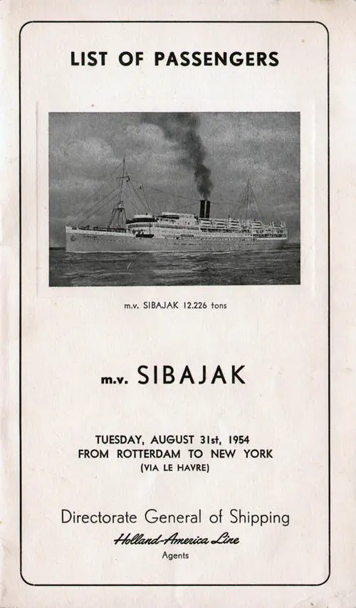 Front Cover, Passenger Manifest, M.V. Sibajak, Holland-America Line, August 1954