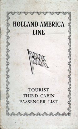Passenger Manifest, TSS Statendam, Holland-America Line, September 1930