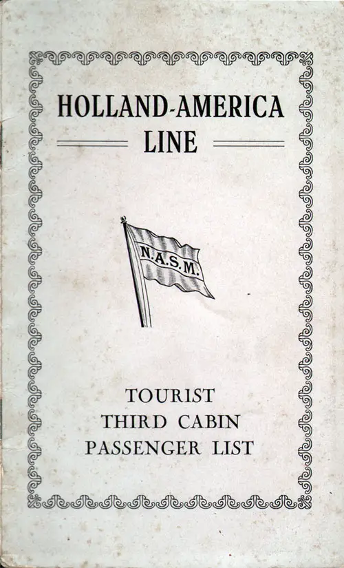 Front Cover of a Tourist Third Cabin Passenger List for the SS Statendam of the Holland-America Line, Departing 27 September 1930 from Rotterdam to New York via Boulogne-sur-Mer and Southampton