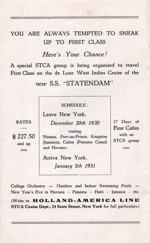 STCA First Class Deluxe Cruise to the West Indies on the New SS Statendam, Leaving New York 20 December 1930.