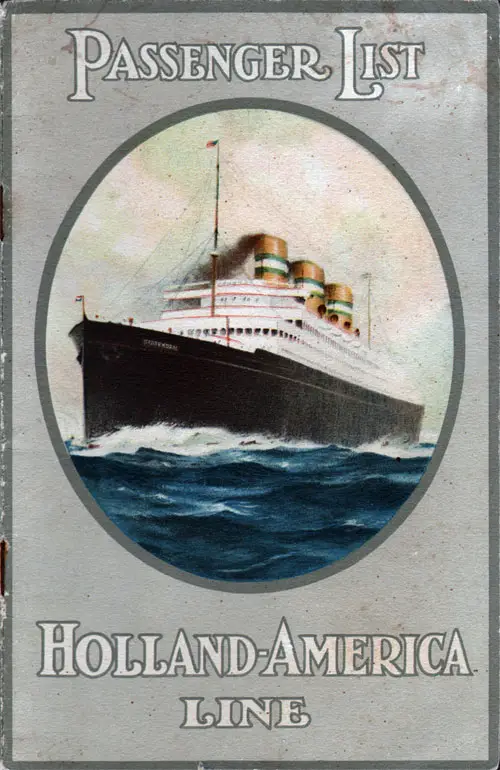 Front Cover of a First Class Passenger List for the SS Statendam of the Holland-America Line, Departing Saturday, 25 August 1934 from Rotterdam to New York