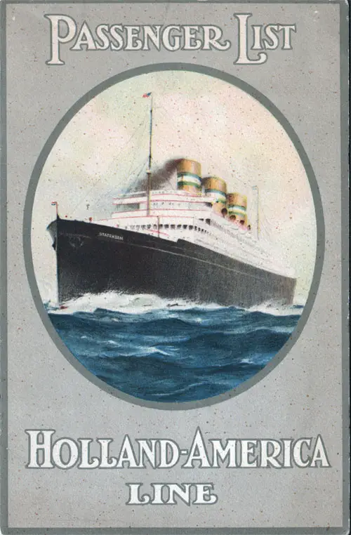 Front Cover of a First Class Passenger List for the SS Statendam of the Holland-America Line, Departing 6 October 1934 from Rotterdam to New York
