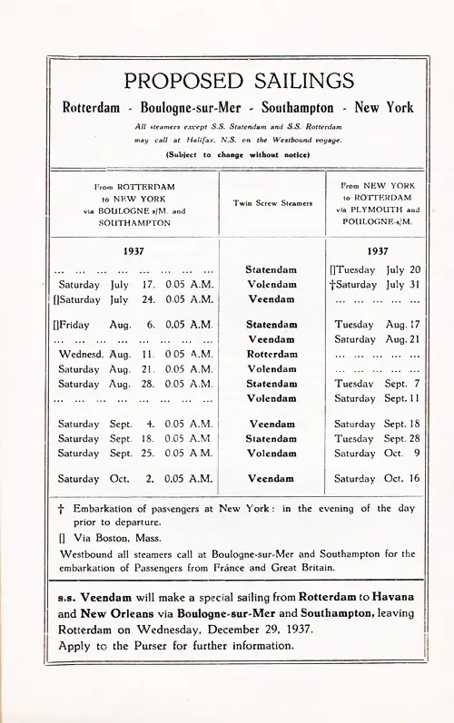 Proposed Sailings, Rotterdam-Boulogne sur Mer-Southampton-New York, from 17 July 1937 to 16 October 1937.