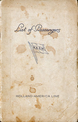 Passenger Manifest Cover, August 1937 Westbound Voyage - TSS Statendam 