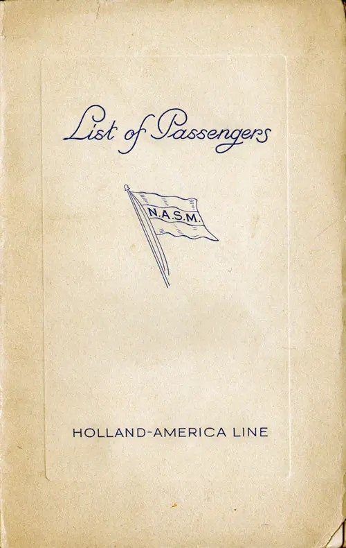 Front Cover of a Cabin, Tourist and Third Class Passenger List for the SS Statendam of the Holland-America Line, Departing Saturday, 1 October 1938 from Rotterdam to New York