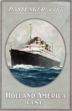 Front Cover of a Cabin Passenger List from the SS Veendam of the Holland-America Line, Departing 23 May 1923 from Rotterdam to New York via Boulogne-sur-Mer and Southampton