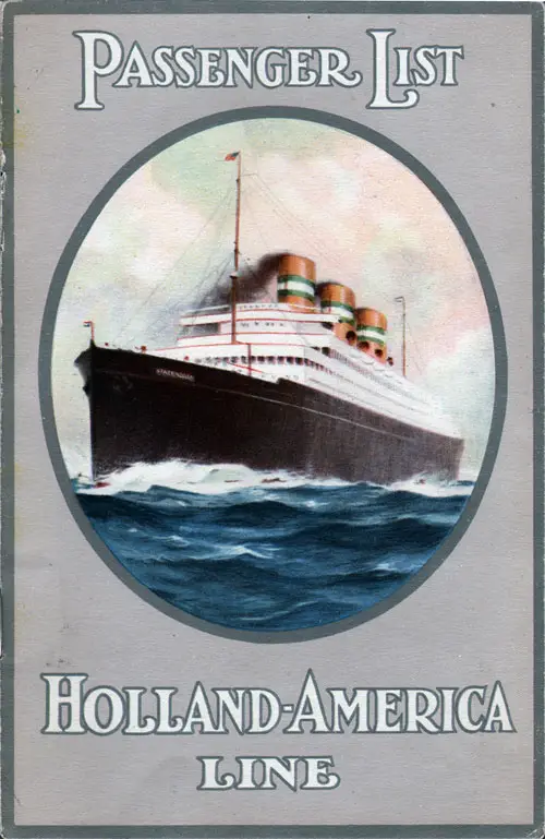 Front Cover of a Cabin Passenger List from the SS Veendam of the Holland-America Line, Departing 7 August 1928 from Rotterdam to Halifax and New York via Boulogne-sur-Mer and Southampton