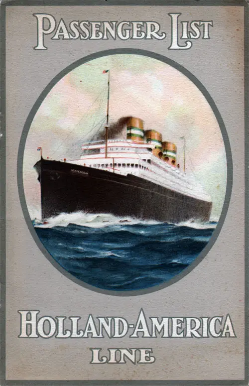Front Cover of a First, Tourist and Third Class Passenger List for the SS Veendam of the Holland-America Line, Departing 13 July 1935 from New York to Rotterdam via Plymouth and Boulogne-sur-Mer