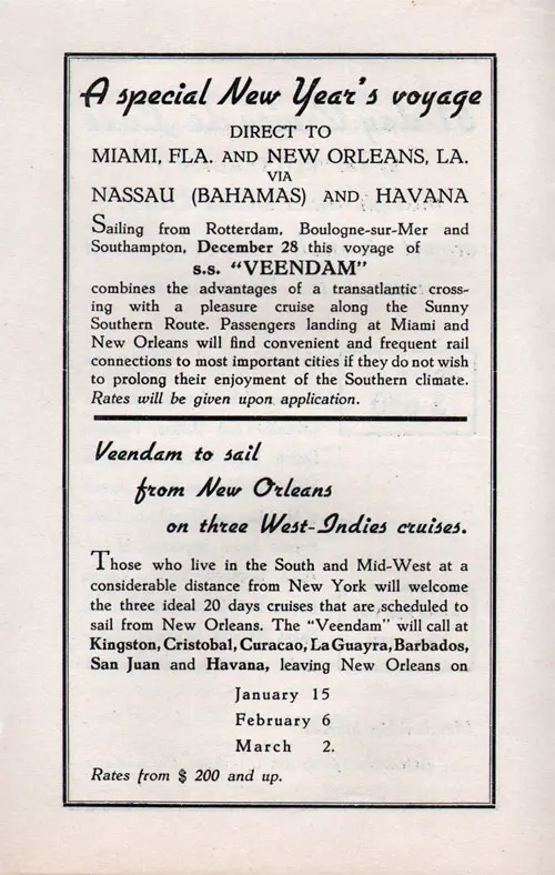 A Special New Year's Voyage Direct to Miami and New Orleans via Nassau and Havana, Sailing from Rotterdam, Boulogne-sur-Mer, and Southampton, 28 December 1937 on the SS Veendam.