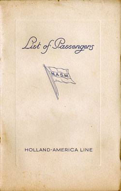 Passenger Manifest Cover, September 1937 Westbound Voyage - TSS Veendam