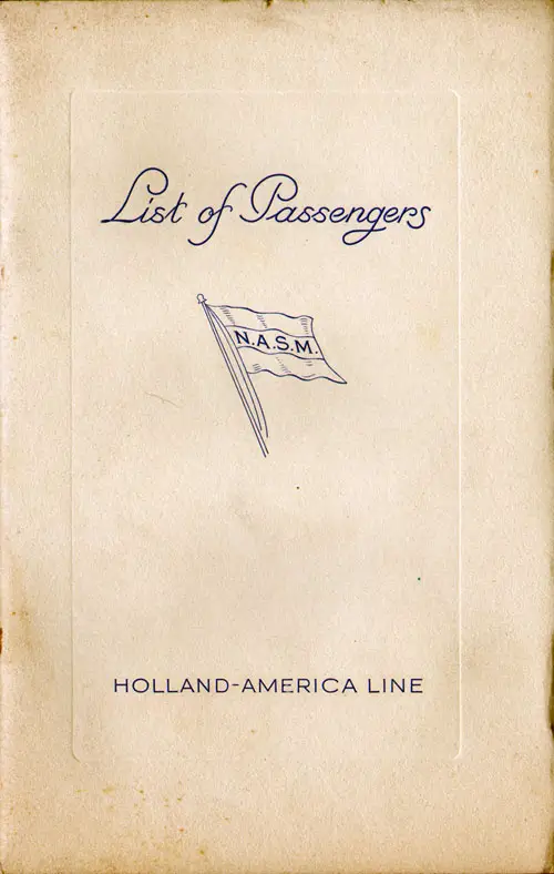 Front Cover of a Cabin, Tourist and Third Class Passenger List for the SS Veendam of the Holland-America Line, Departing Saturday, 4 September 1937 from Rotterdam to New York