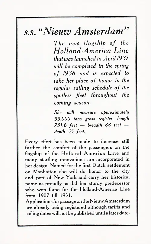 New Flagship of Holland-America Line -- SS Nieuw Amsterdam, Launched in April 1937.