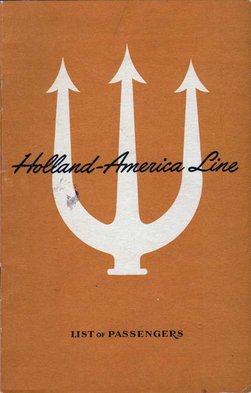Front Cover of a First and Tourist Class Passenger List for the SS Veendam of the Holland-America Line, Departing 23 July 1948 from Rotterdam to New York via Southampton