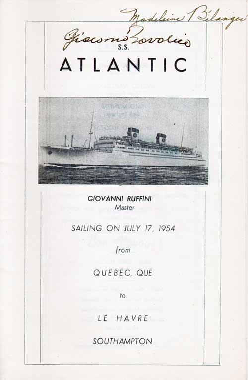 Title Page with Photo of the SS Atlantic and Signatures of Original Passengers That This List Once Belonged To, 17 July 1954.
