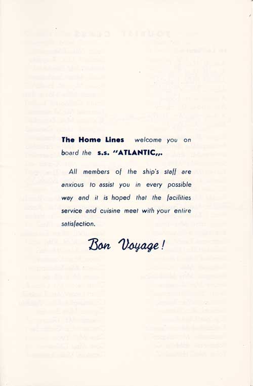 Welcome Message from the Home Lines to Passengers of the SS Atlantic, 17 July 1954.