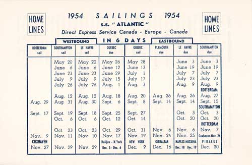 Sailing Schedule for the SS Atlantic from 20 May 1954 to 20 December 1954.