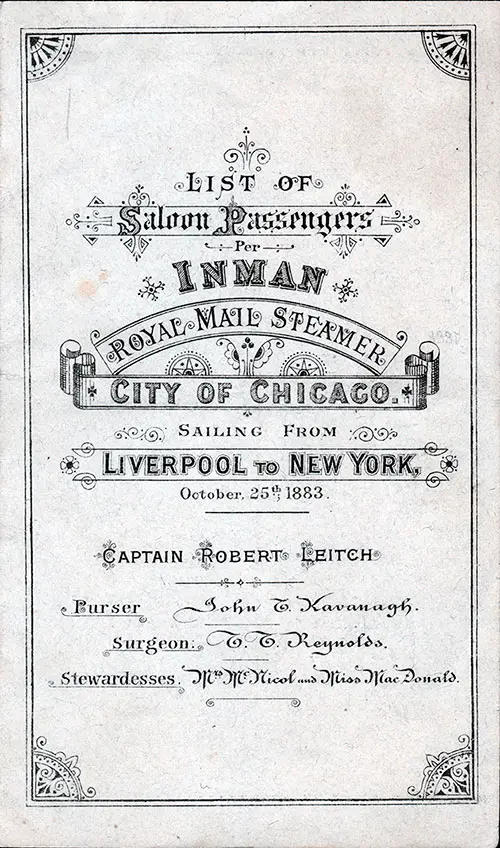 Passenger Manifest, Inman Line RMS City of Chicago - 1883