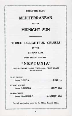 Advertisement: SITMAR Line Cruises for 1926 on the Twin-Screw Steamer SS Neptunia.