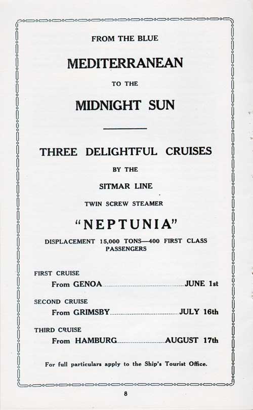 Advertisement: SITMAR Line Cruises for 1926 on the Twin-Screw Steamer SS Neptunia.