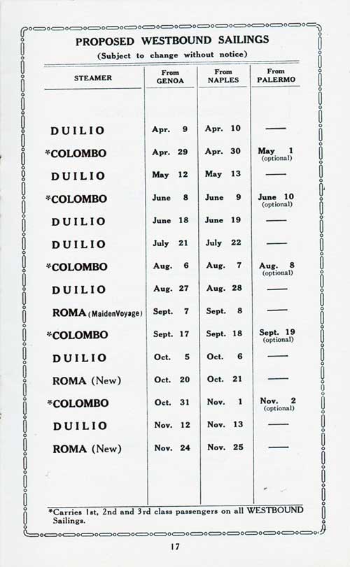 Sailing Schedule, Wesbound from Genoa-Naples-Palermo to New York, from 9 April 1926 to 25 November 1926.