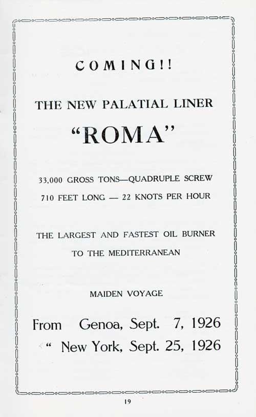 New Palatial Line SS Roma (1926). The Largest and Fastest Oil Burner in the Mediterranean Service.