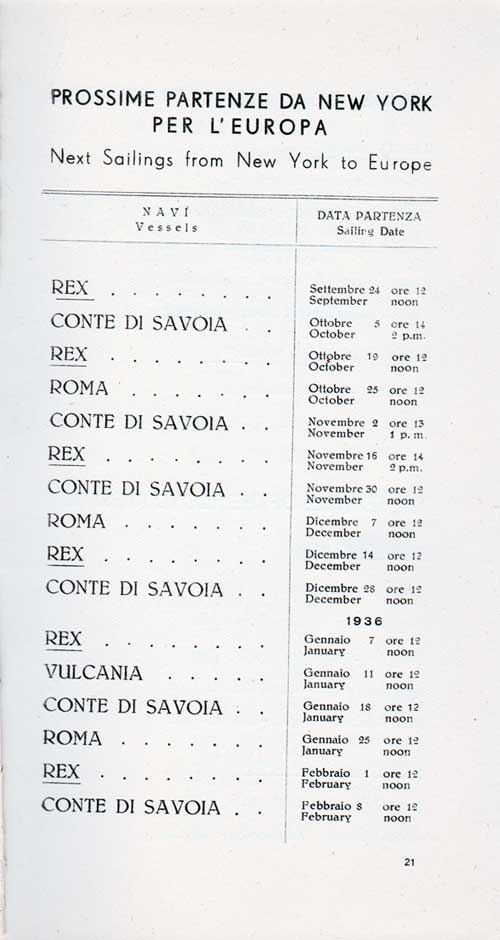 Sailing Schedule, New York to Europe, from 24 September 1935 to 8 February 1936.