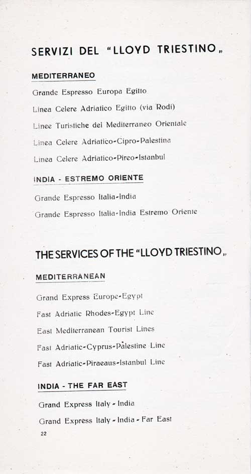 Lloyd Triestino Services to the Mediterranean, and India -- The Far East, 1935.