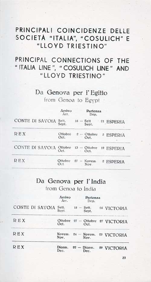 Principal Connections of the Italia Line, Cosulich Line, and Lloyd Triestino, from Genoa to Egypt and Genoa to India, from 18 September 1935 to 29 December 1935.