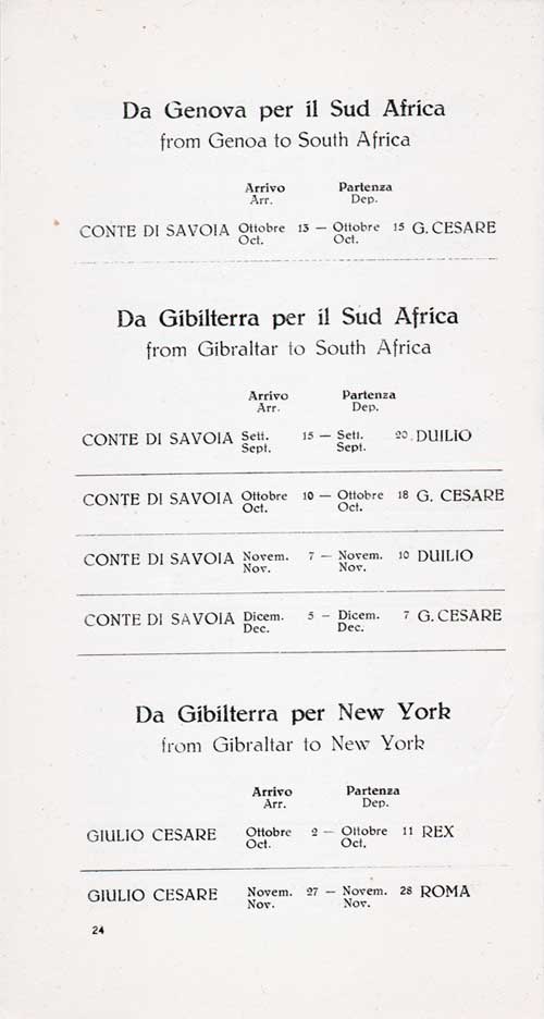 Principal Connections of the Italia Line, Cosulich Line, and Lloyd Triestino, from Genoa to South Africa, Gibraltar to South Africa, and Gibraltar to New York, from 15 September 1935 to 5 December 1935.