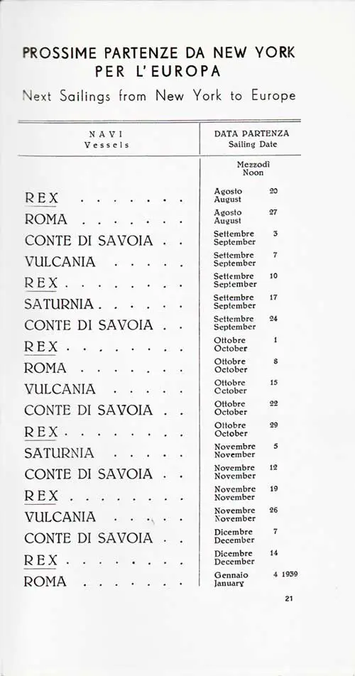 Sailing Schedule, New York to Europe, from 20 August 1938 to 4 January 1939.