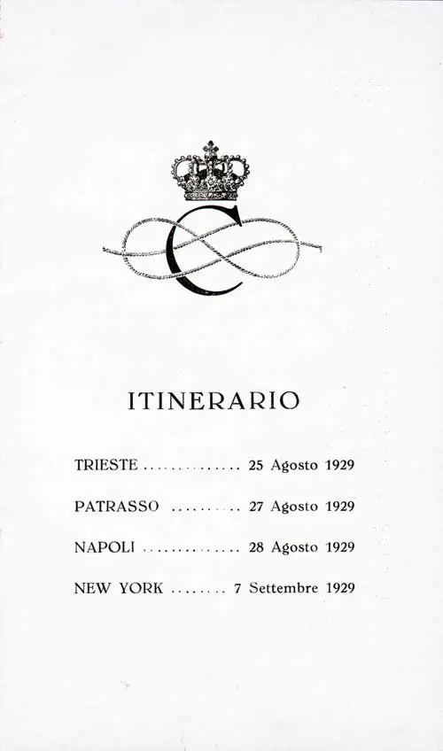 Title Page, SS Saturnia First Class Passenger List, 25 August 1929.