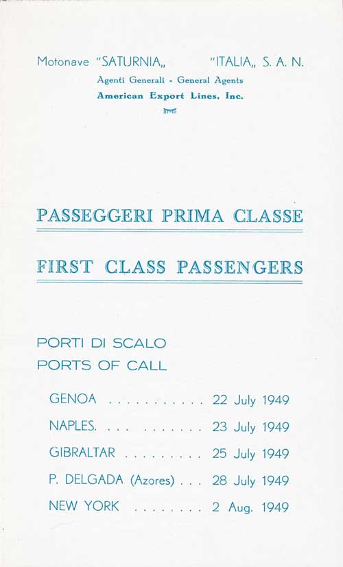 Title Page, SS Saturnia First Class Passenger List, 22 July 1949.